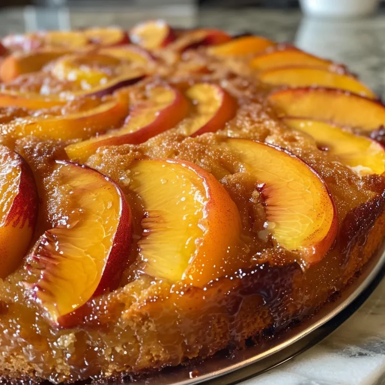 A Slice of Summer The Peach Upside Down Cake That Steals the Show Close-up view of a Peach Upside Down Cake showcasing juicy sliced peaches on top.