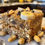 Close-up of a golden-brown Peanut Butter Banana Bar with chocolate chips and chopped peanuts on top.
