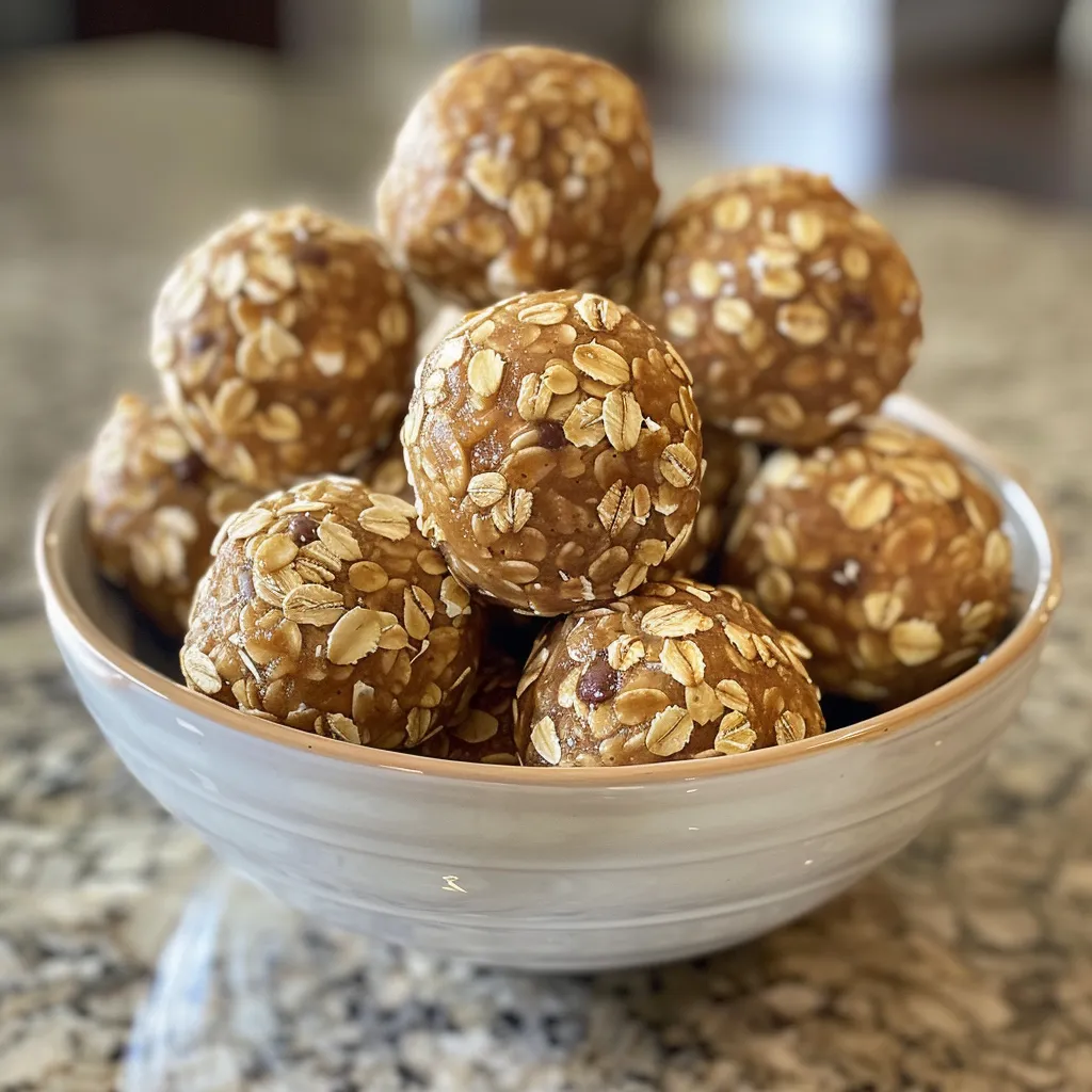 A detailed view of round, chewy peanut butter energy balls with visible chocolate chips.