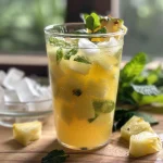 Close-up of a glass filled with vibrant pineapple mint juice, garnished with mint leaves.