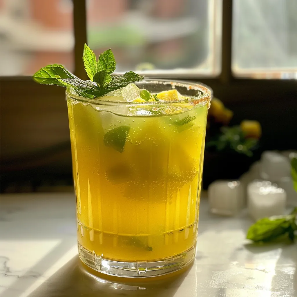 A refreshing glass of Pineapple Mint Juice with ice cubes, set against a simple background.
