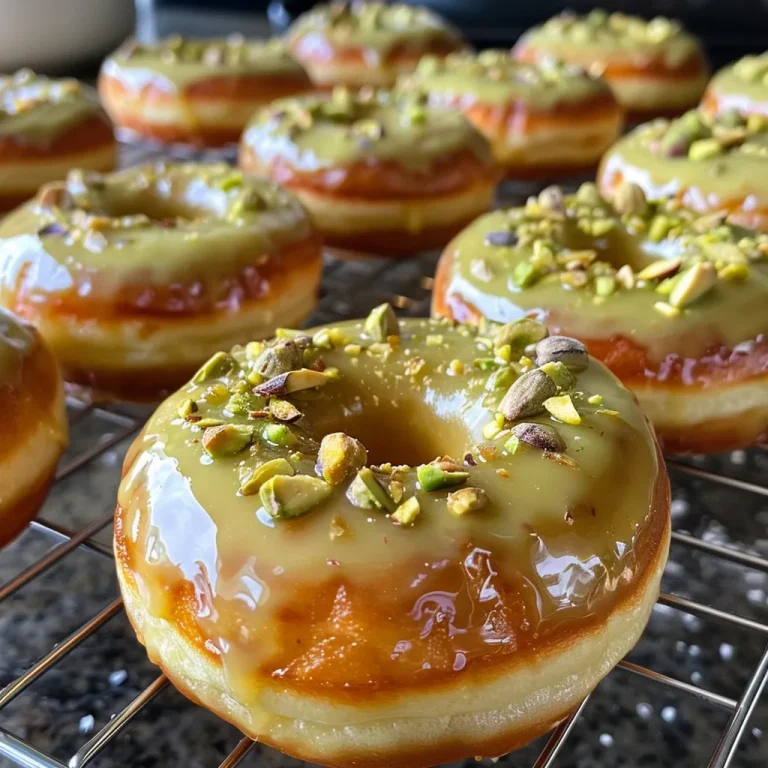 Close-up view of a delicious pistachio cream donut, highlighting its green filling and golden-brown exterior.