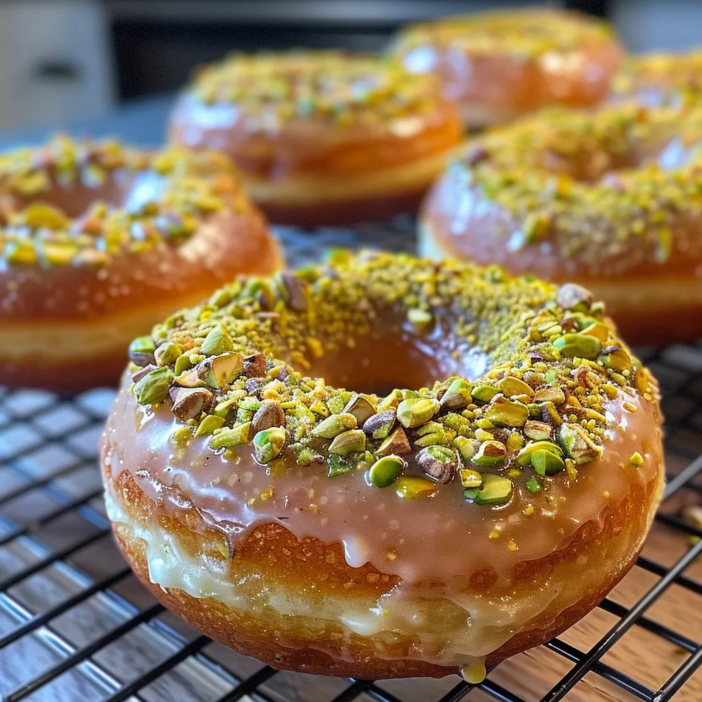 Side view of a pistachio cream donut, showcasing crushed pistachios on top and a creamy filling.