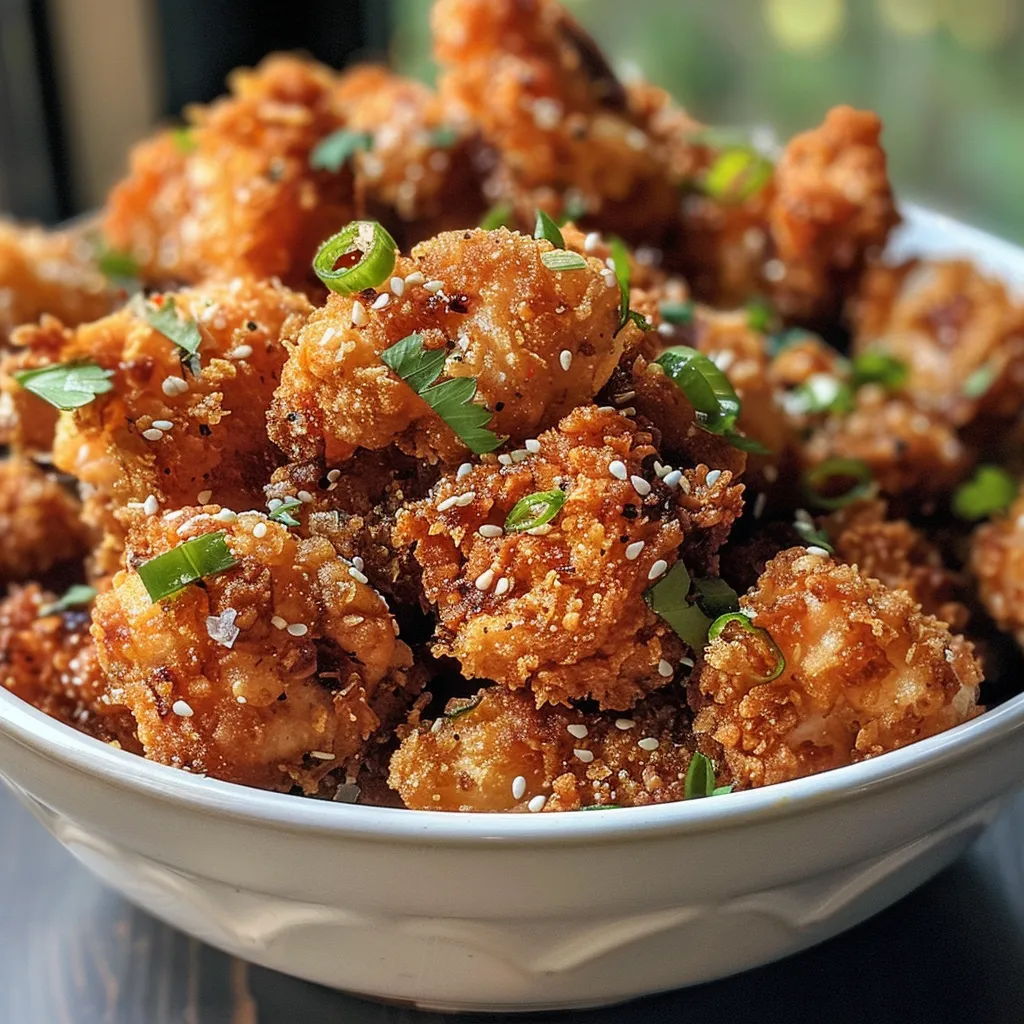 Juicy popcorn chicken with a crispy coating seen from the side.