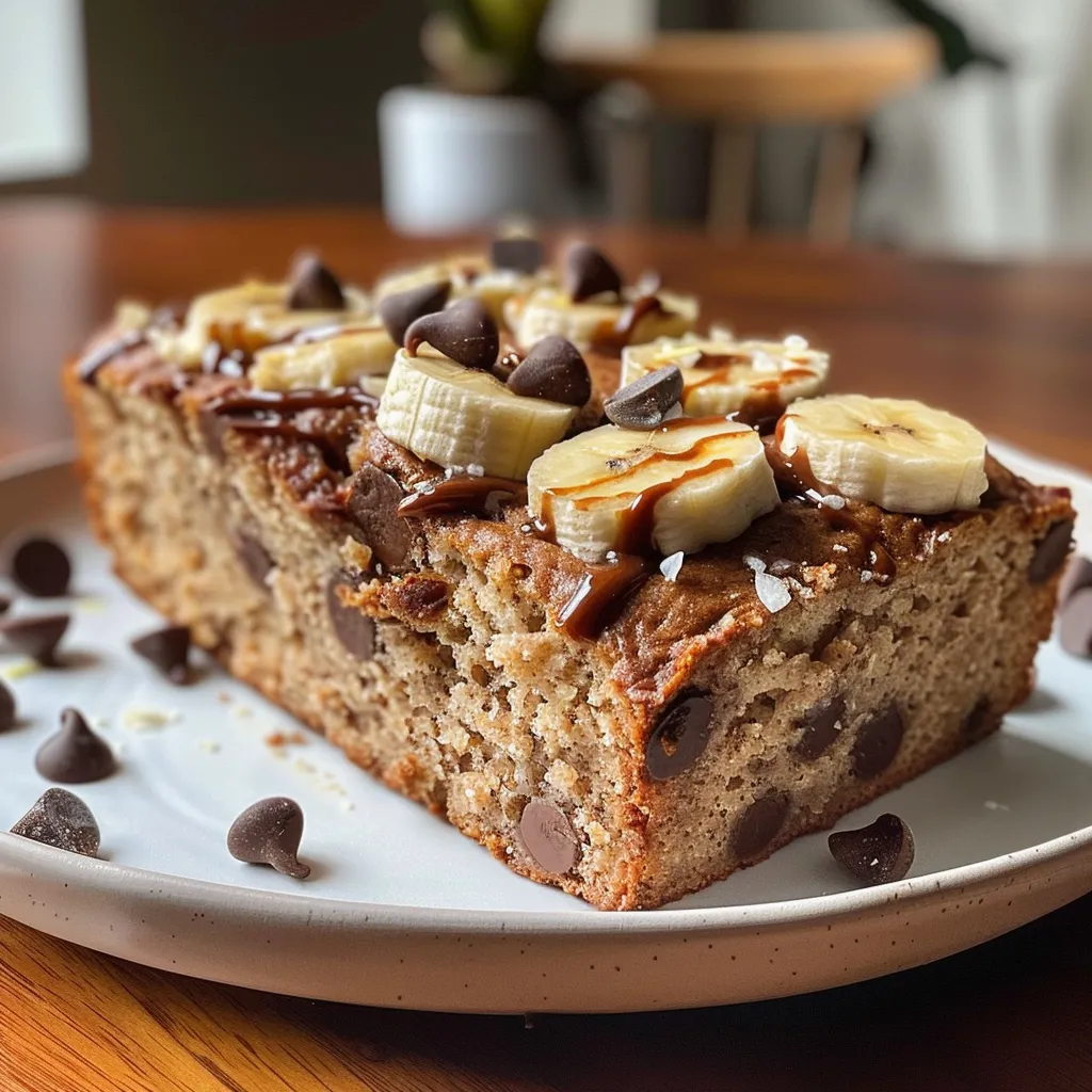 Side view of freshly baked Protein Banana Bread with banana slices on top.