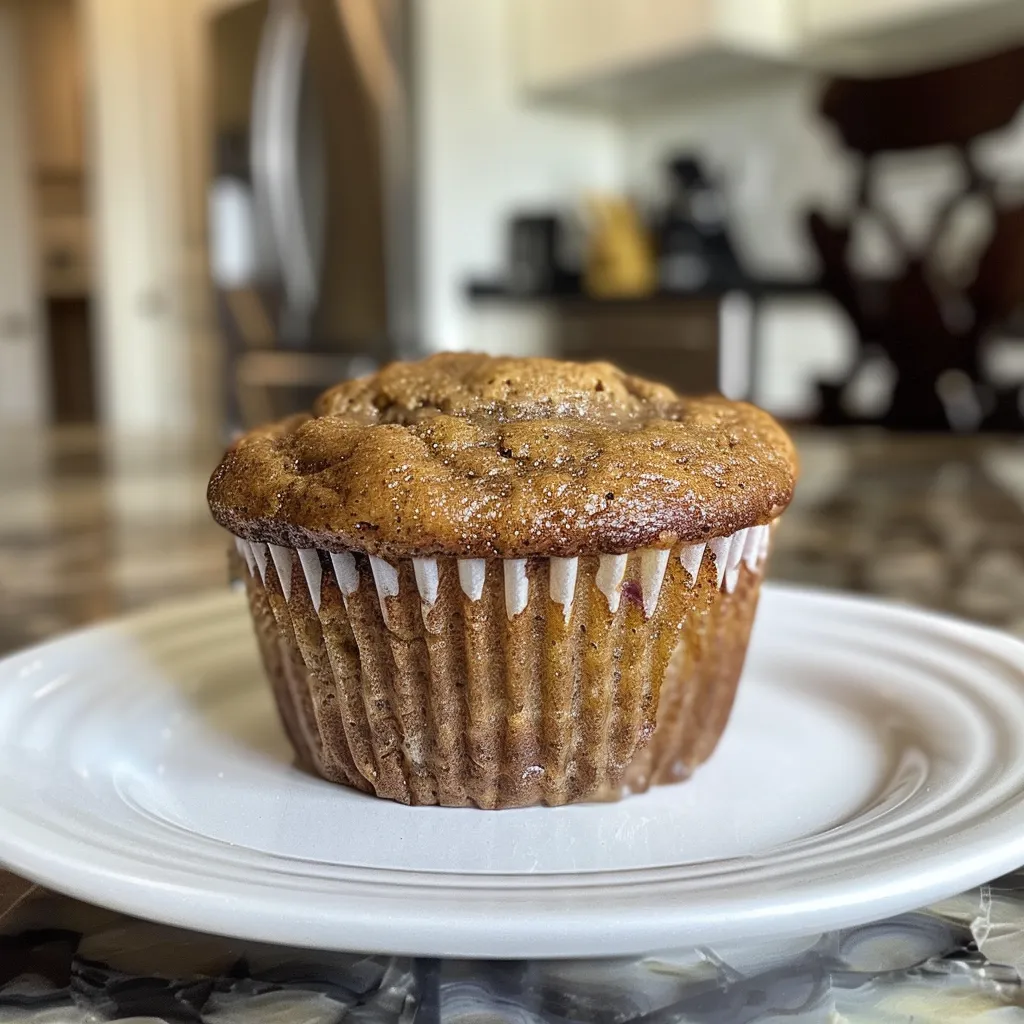 Juicy protein banana muffins arranged on a plate, showcasing their textured top and moist interior.