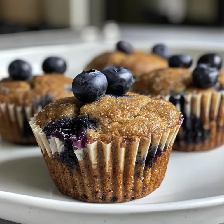 Close-up view of golden-brown protein blueberry muffins with blueberries peeking out.