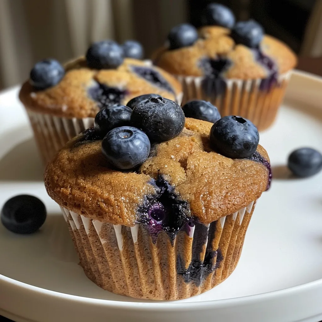 Side view of freshly baked blueberry muffins, showcasing their moist texture and vibrant fruit.