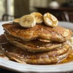 Close-up of fluffy protein pancakes topped with banana slices and a drizzle of syrup.
