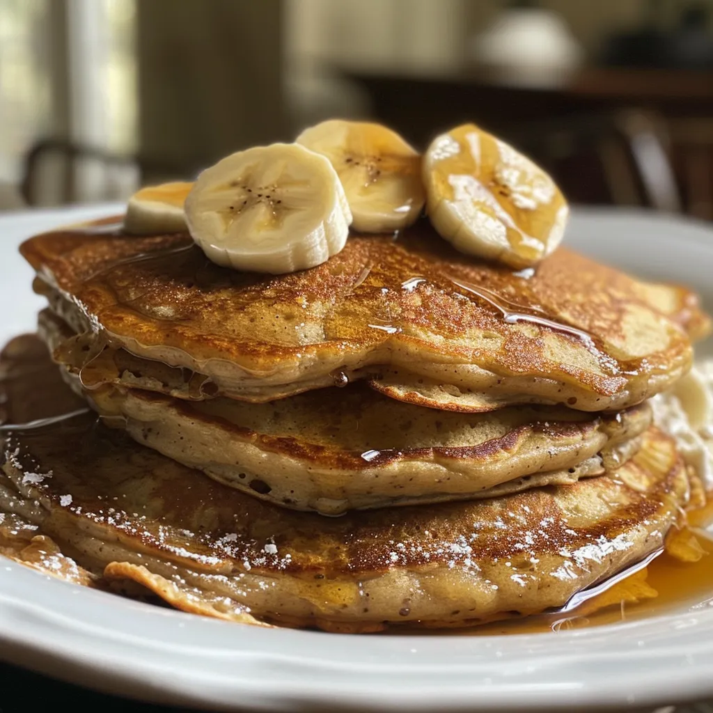 Close-up of fluffy protein pancakes topped with banana slices and a drizzle of syrup.