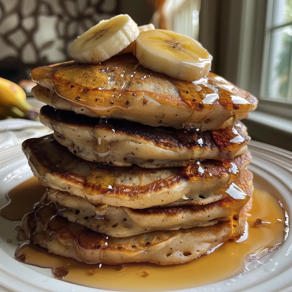 Side view of stacked protein pancakes with mashed banana, garnished with berries.