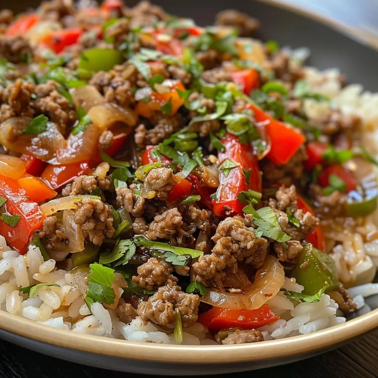 A Taste of Home Quick Beef and Pepper Rice Bowls to Savor Together Close-up of a bowl filled with beef and pepper stir-fry over rice.