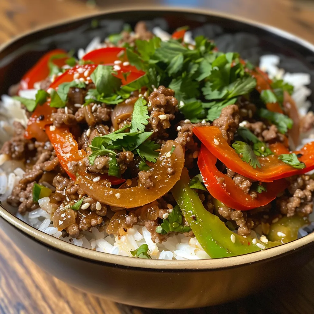Side view of a hearty beef and pepper rice bowl, garnished with cilantro.