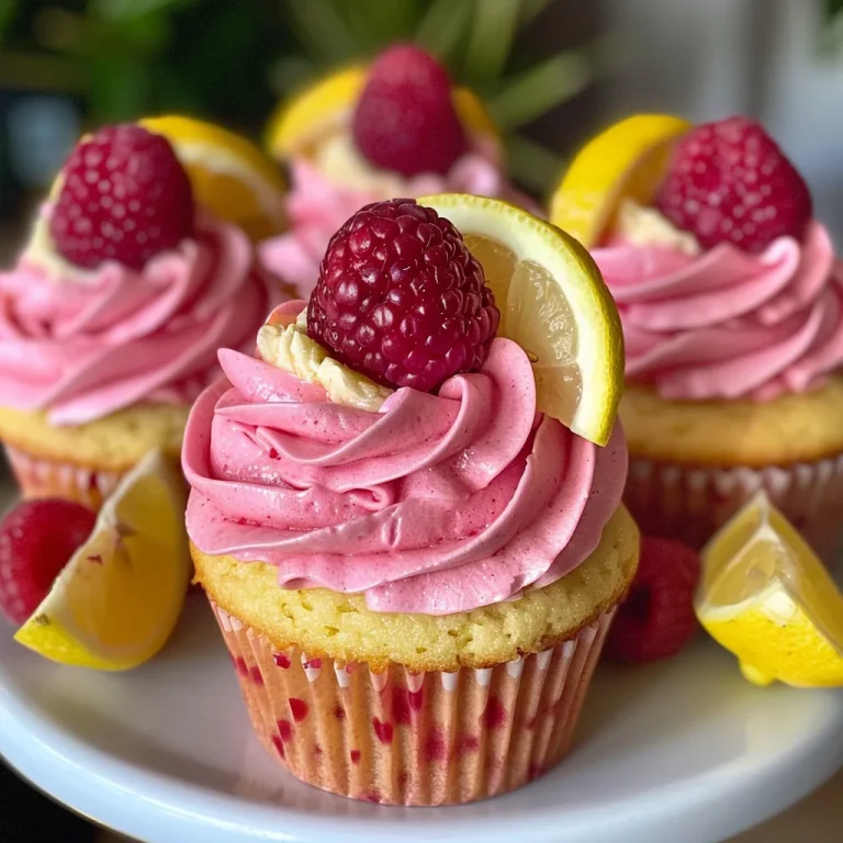 A Splash of Sunshine Raspberry Lemonade Cupcakes to Brighten Your Day Close-up side view of Raspberry Lemonade Cupcakes topped with fresh raspberries and lemon wedges.