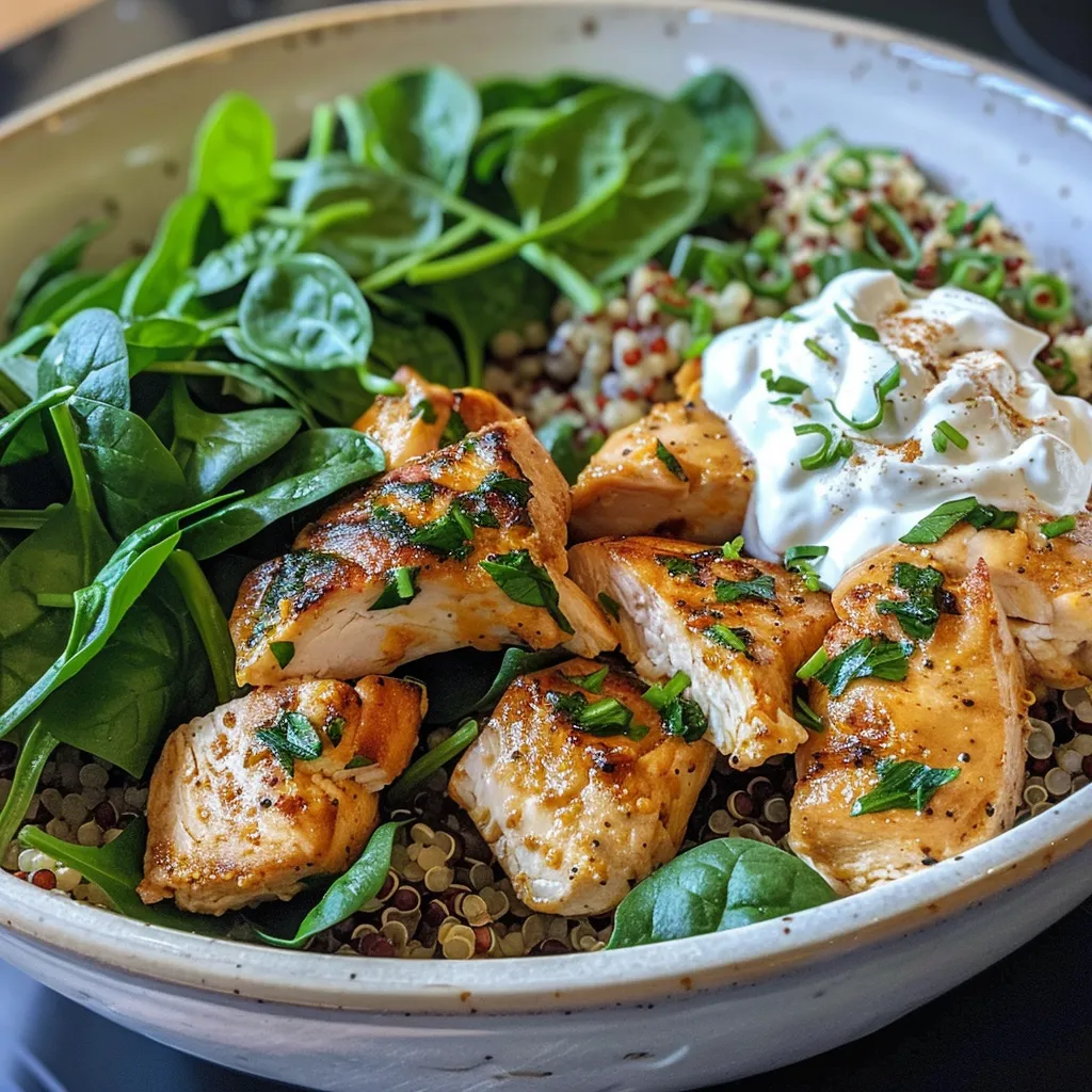 A delicious protein bowl filled with chicken breast, baby spinach, and quinoa, presented in a side view.