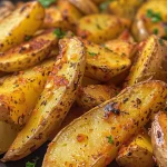 Close-up view of perfectly seasoned homemade potato wedges.