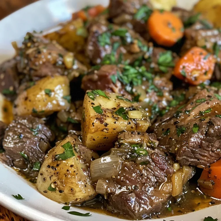 A Heartwarming Feast Slow Cooker Garlic Butter Beef with Potatoes for Family Gatherings Close-up side view of juicy Slow Cooker Garlic Butter Beef with golden potatoes.