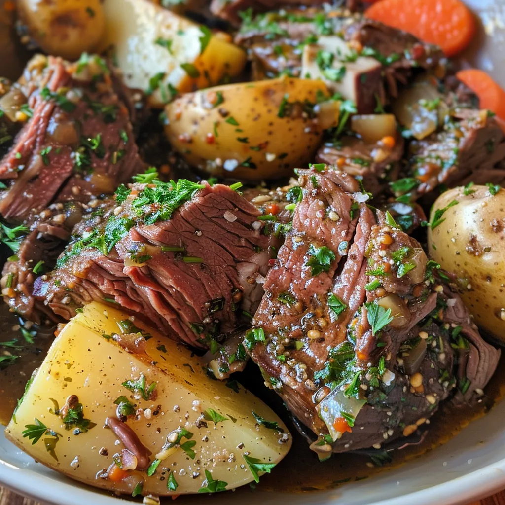 Mouthwatering plate of beef chuck roast and Yukon Gold potatoes in garlic butter sauce.