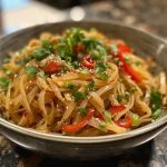 Close-up of colorful spicy noodles with vegetables, garnished and ready to eat.