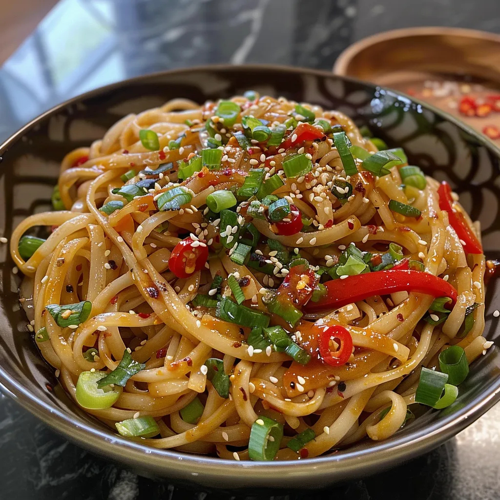 A side view of delicious spicy noodles, showcasing vibrant peppers and herbs.