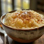 Close-up view of creamy stovetop rice pudding in a bowl, showing a rich texture.
