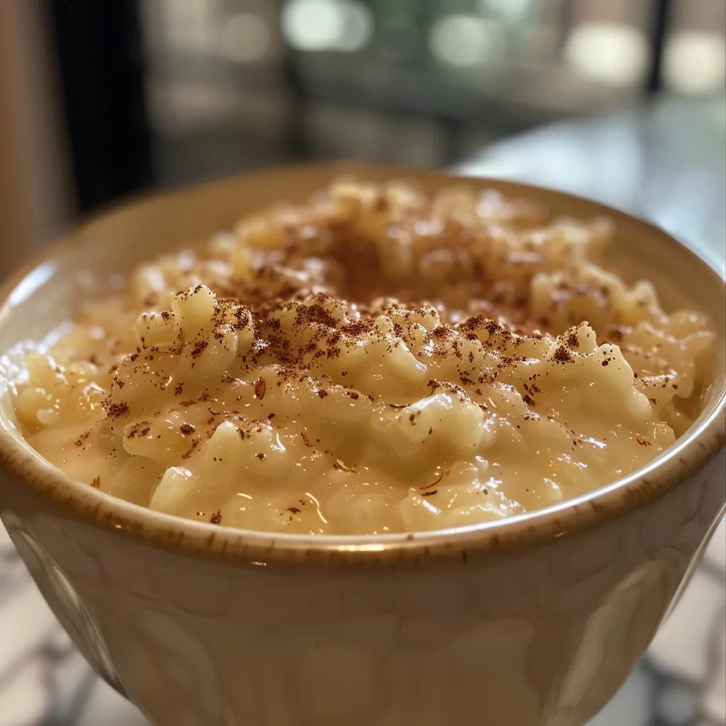 Side view of a dish of rice pudding, with a sprinkle of cinnamon on top.