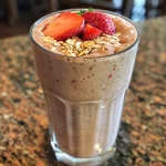 Close-up view of a creamy strawberry almond butter smoothie in a glass, garnished with fresh strawberries.