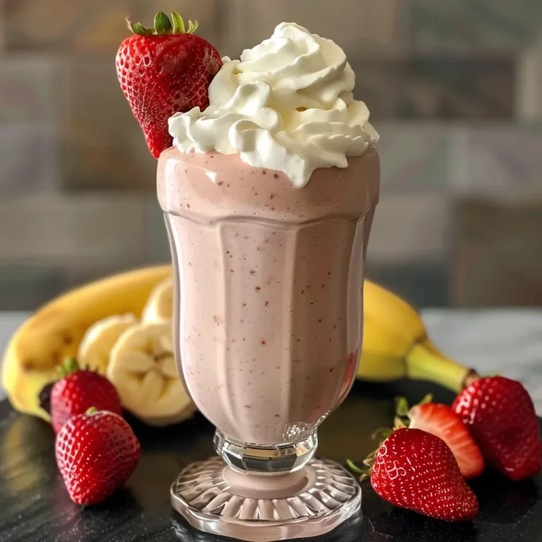 Sipping Sunshine The Strawberry Banana Milkshake That Brightens Any Day A close-up view of a Strawberry Banana Milkshake topped with whipped cream.