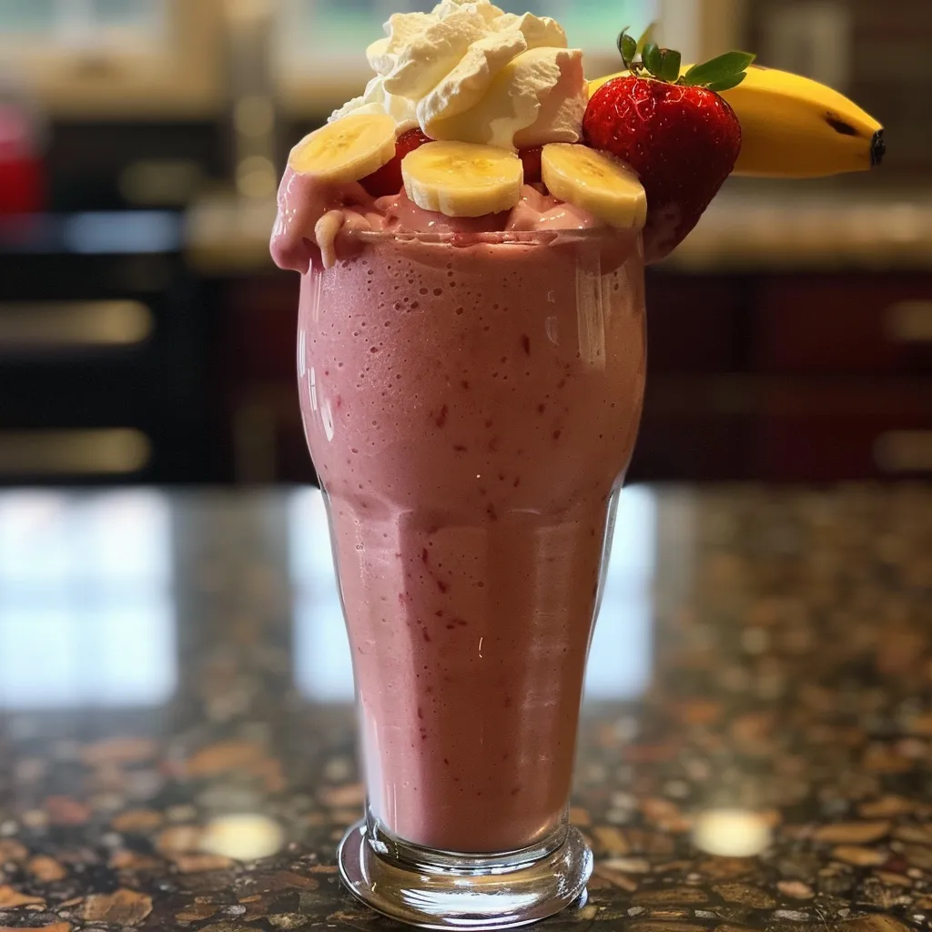 Side view of a creamy strawberry banana milkshake in a glass, garnished with whipped cream.