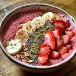 Close-up view of a vibrant strawberry banana smoothie bowl topped with fresh fruit.