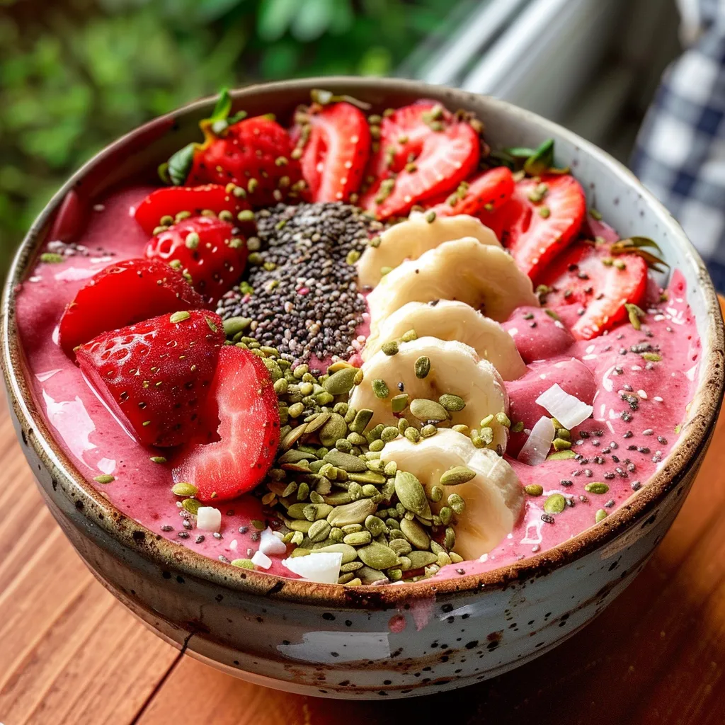 Side view of a creamy smoothie bowl featuring strawberries and bananas, garnished with colorful toppings.