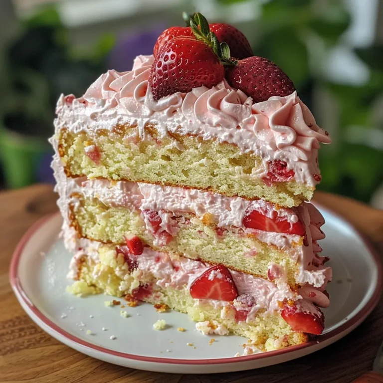 A Slice of Sunshine Celebrating Life with Strawberry Cake Close-up of a moist strawberry cake with fresh strawberries on top.