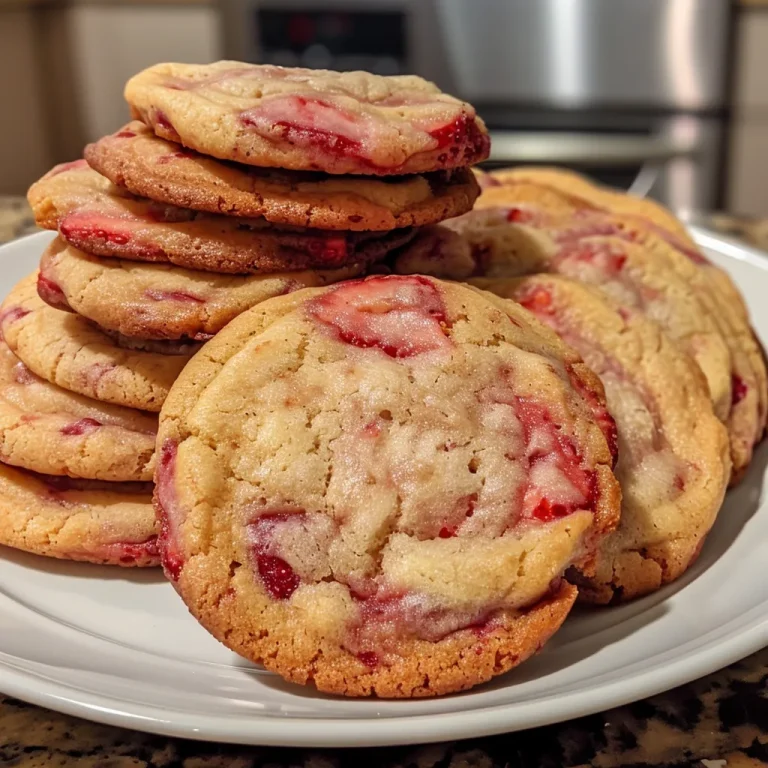 A close-up view of Strawberry Cheesecake Cookies showcasing their chewy texture and strawberry pieces.