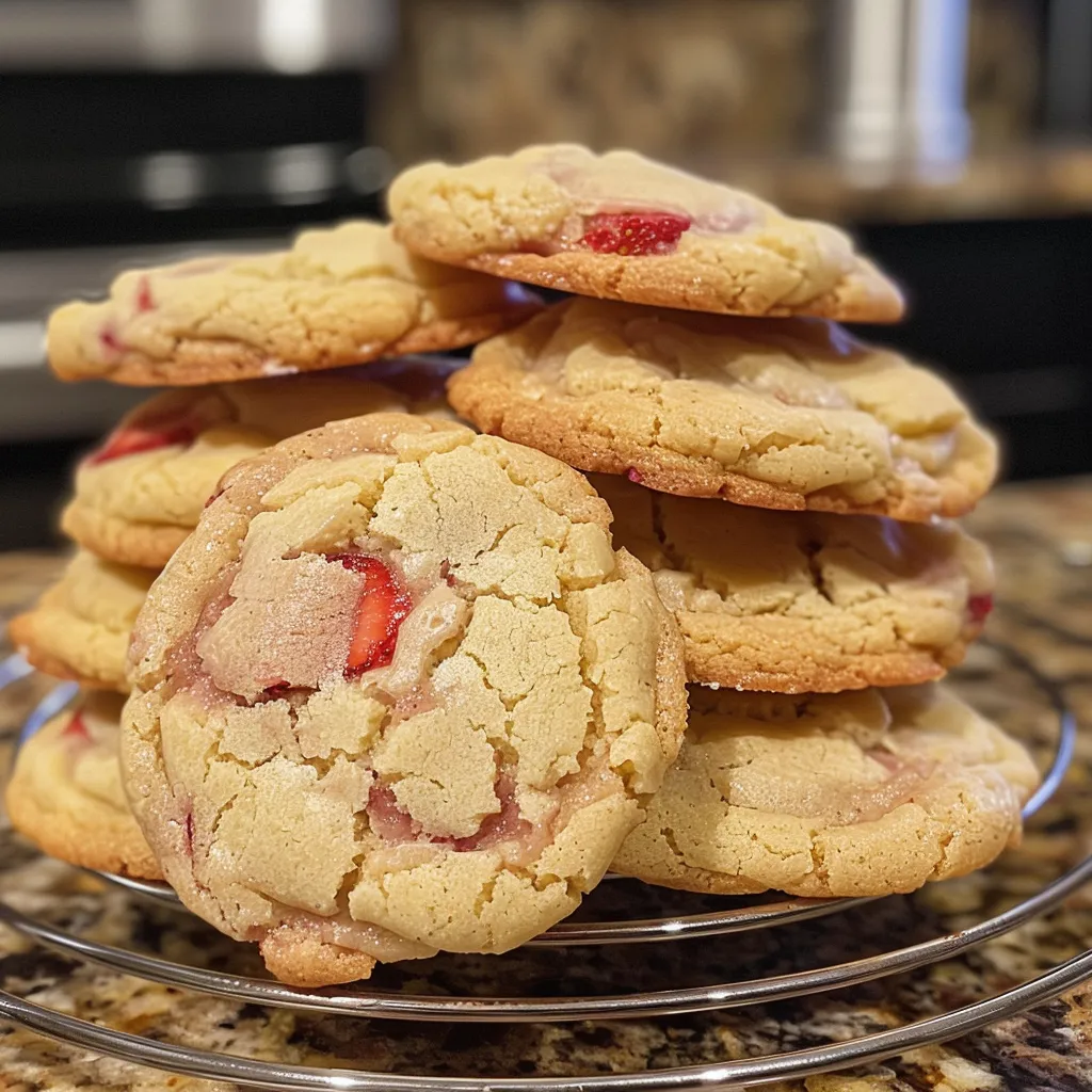 Side view of freshly baked Strawberry Cheesecake Cookies, featuring cream cheese and diced strawberries.