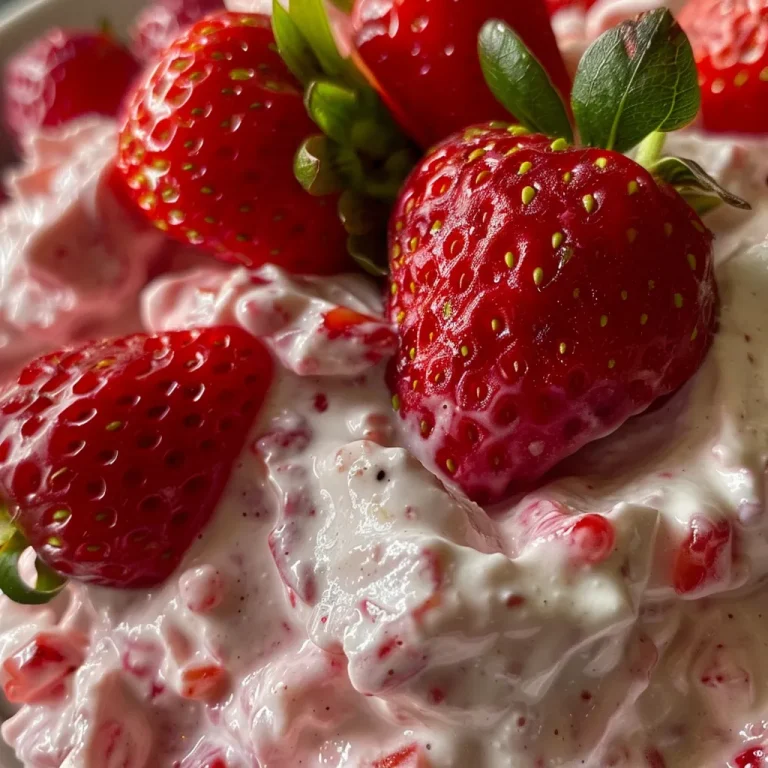 Close-up view of creamy strawberry Greek yogurt mousse in a glass bowl.