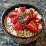 Close-up view of creamy strawberry overnight oats in a glass jar.