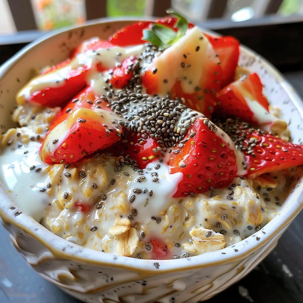 Side angle shot of vibrant strawberry overnight oats with fresh fruit on top.