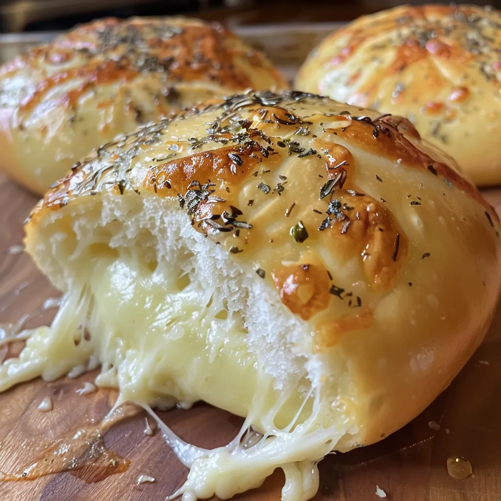 Side view of a cheese-stuffed bun, showing a crispy exterior and gooey cheese.