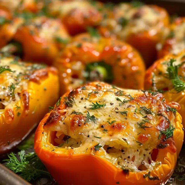 Close-up of stuffed mini bell peppers filled with creamy cheese and herbs.