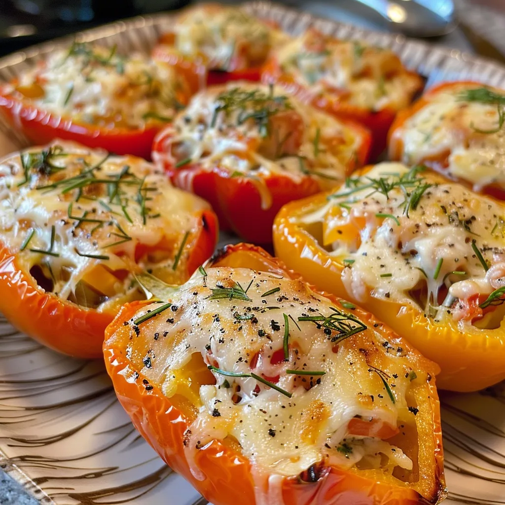 Juicy orange mini bell peppers, halved and stuffed with cheese mixture and fresh herbs.