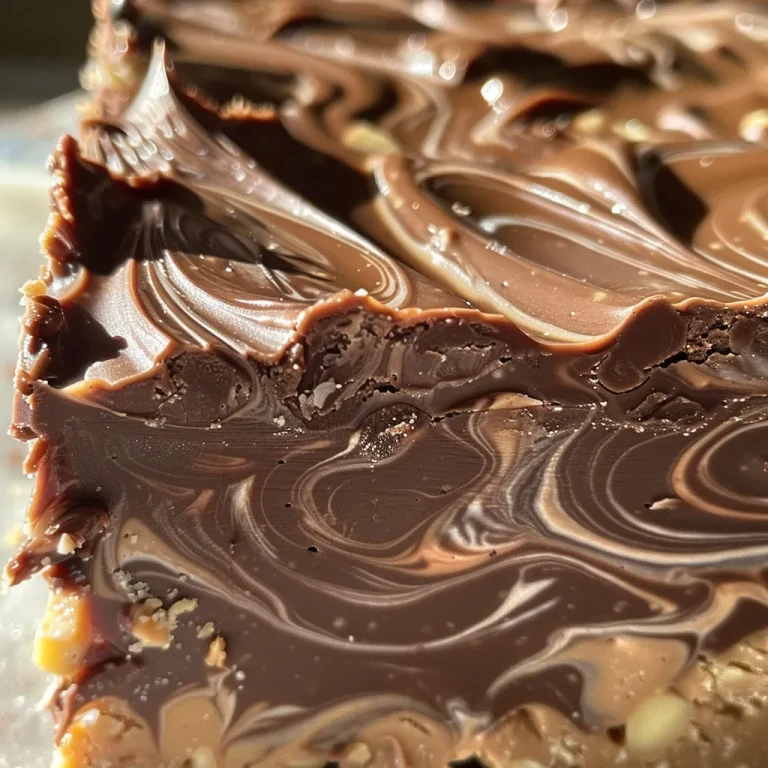 Close-up of swirled chocolate peanut butter fudge with a glossy finish.