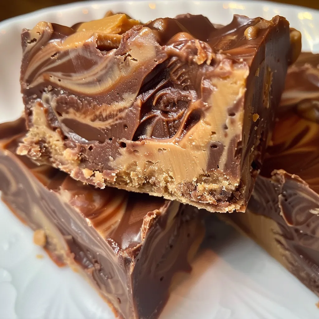 Side view of rich, creamy chocolate and peanut butter fudge layered together.