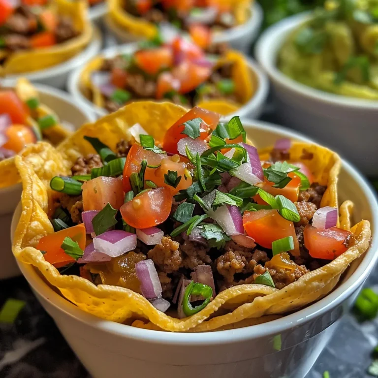 Close-up view of juicy Taco Cups with a crispy tortilla shell filled with beef and toppings.