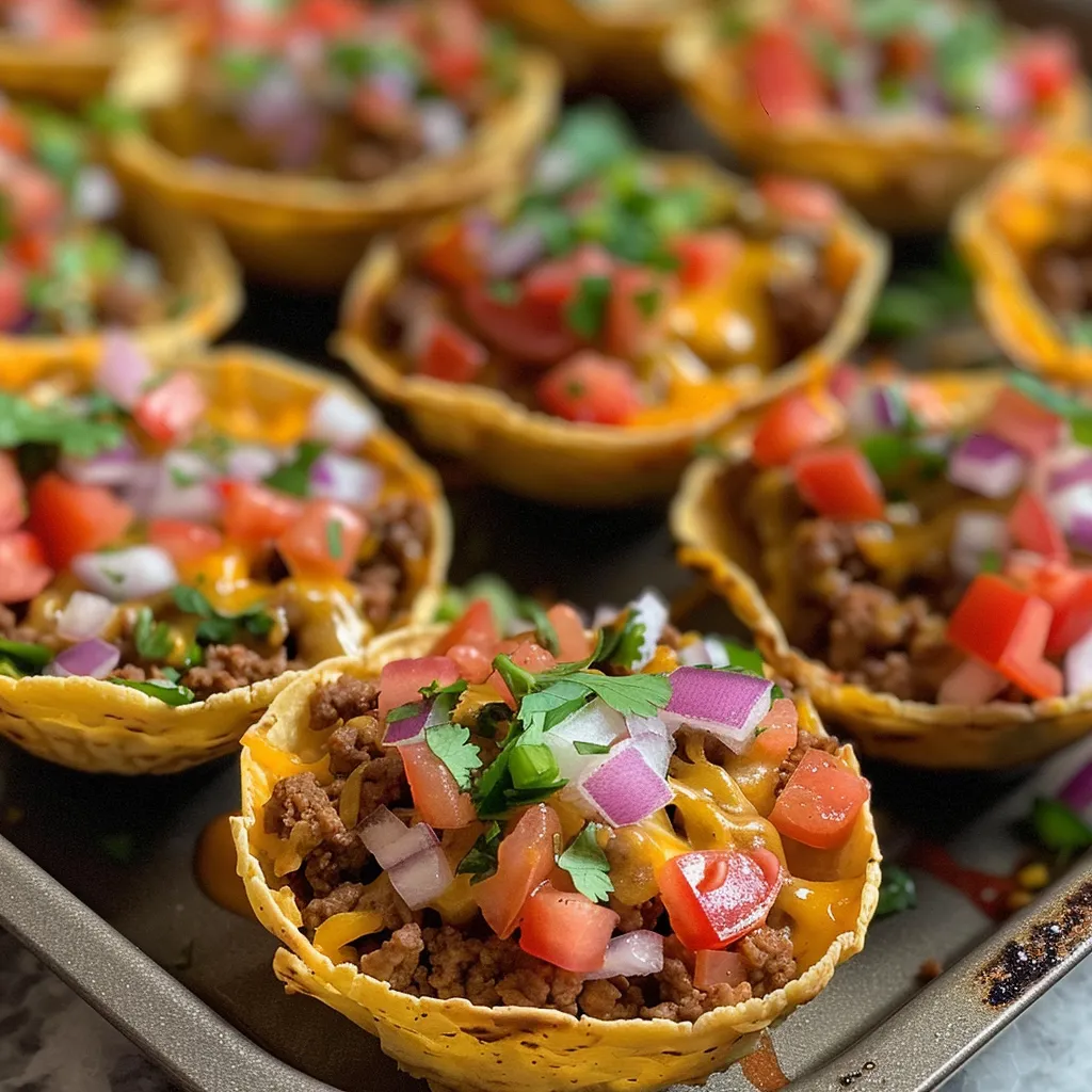 Side angle photo of Taco Cups showcasing layers of ground beef, cheese, and fresh vegetables.