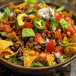 Close-up of a colorful taco salad with fresh ingredients.