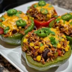 A close-up side view of vibrant taco stuffed peppers filled with ground beef and colorful toppings.