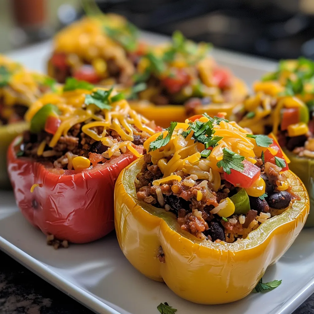 A detailed shot of juicy taco stuffed peppers showing their filling of rice, beans, and cheese.