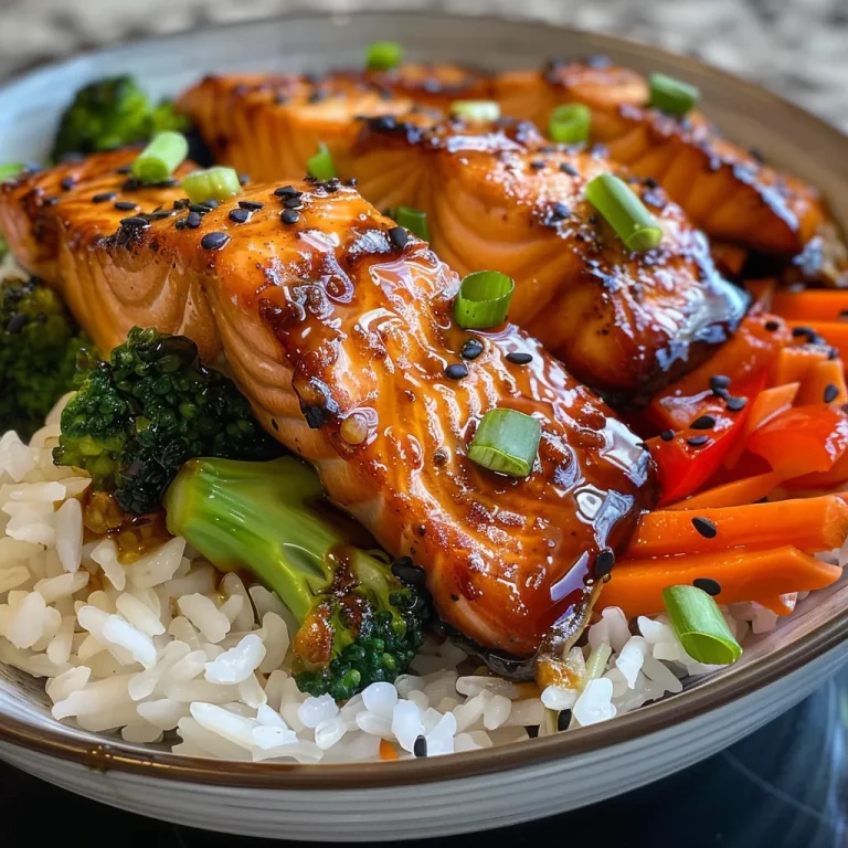 A vibrant bowl of teriyaki salmon with broccoli, carrots, and red peppers over jasmine rice.