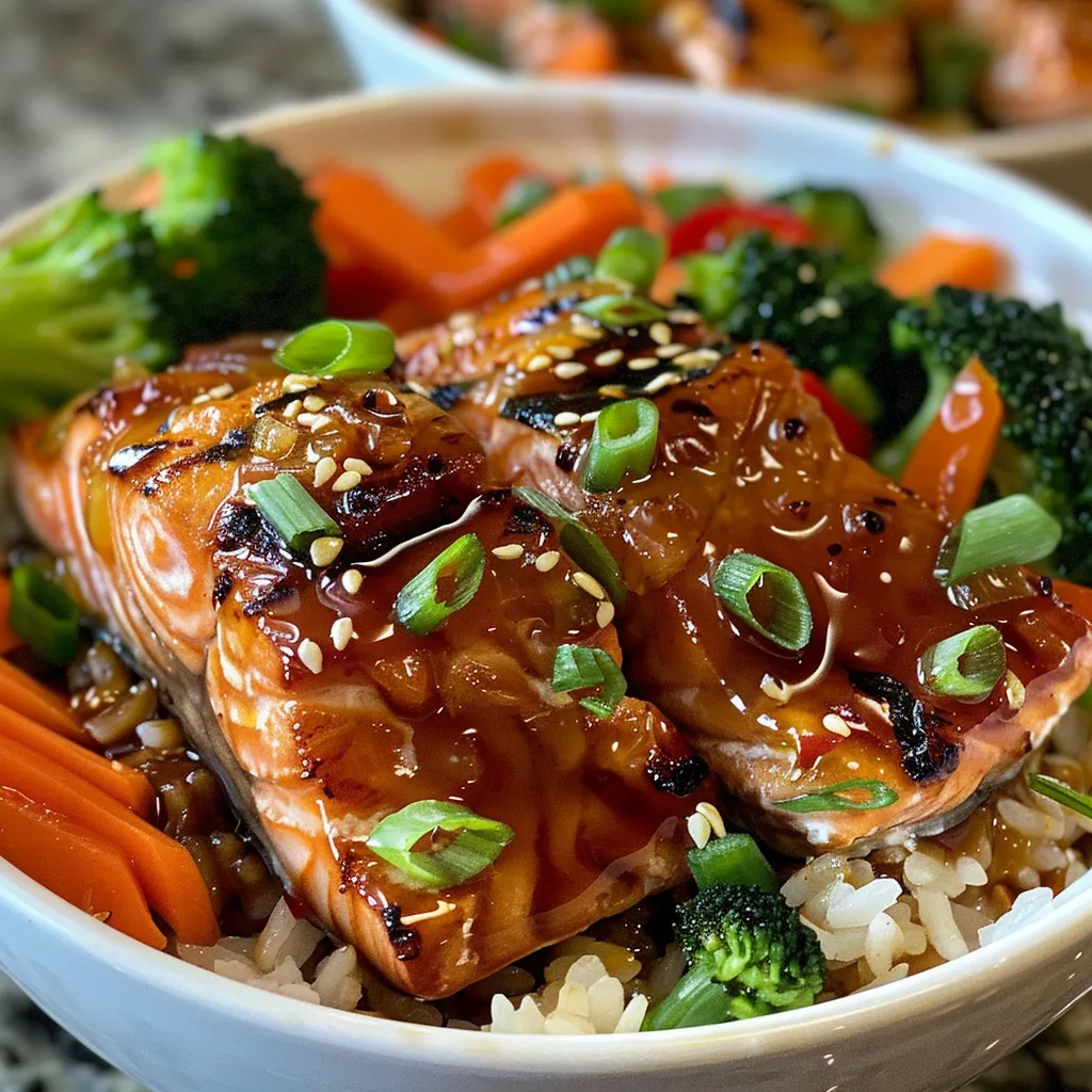 Close-up side view of a rice bowl featuring teriyaki salmon and colorful vegetables.