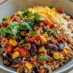 Close-up view of Tex-Mex beef and rice served in a bowl, showcasing ingredients.